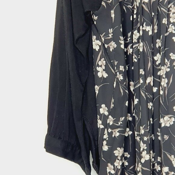 Daniel Rainn V Neck Black Floral Stretch Pleated Back 3/4 Sleeve Blouse L - Picture 4 of 9